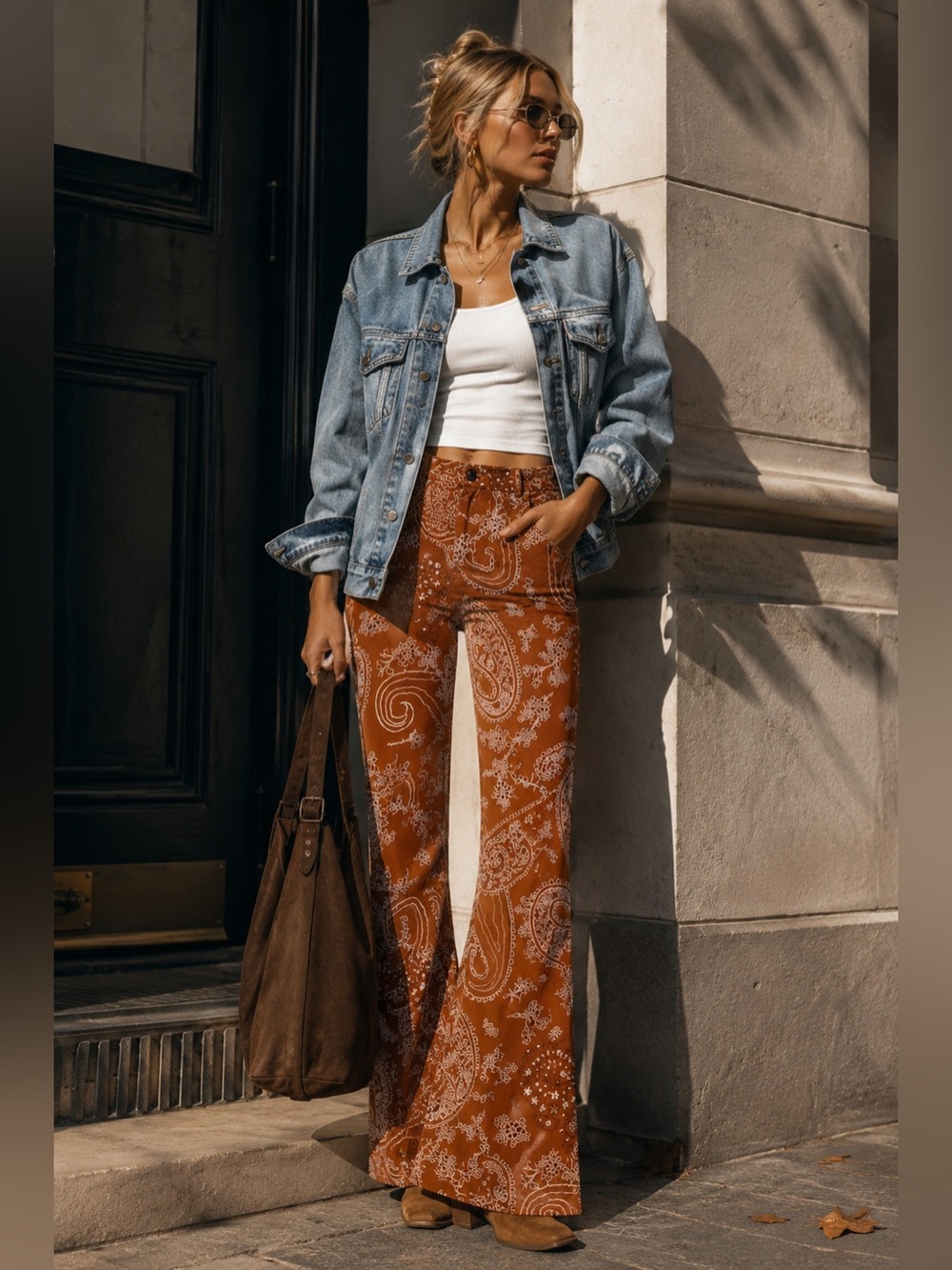 Zara Paisley Print Flared Pants XS Rust Brown Cupro Boho